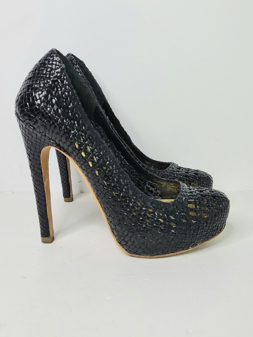 Prada Madras Black Woven Vintage Platform Pumps